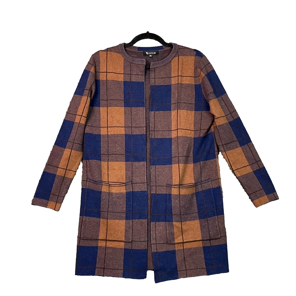Sisters Cardigan Sweater Womens Small Blue Brown Block Check Camping Rodeo Skate